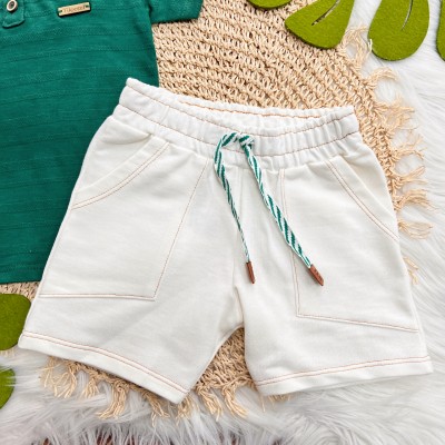  Conj. Camiseta com Dois Botões e Bermuda em Moletinho - Verde e Off White